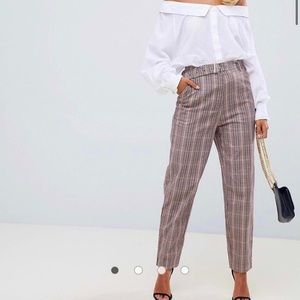 Plaid Belted Cigarette Pants
